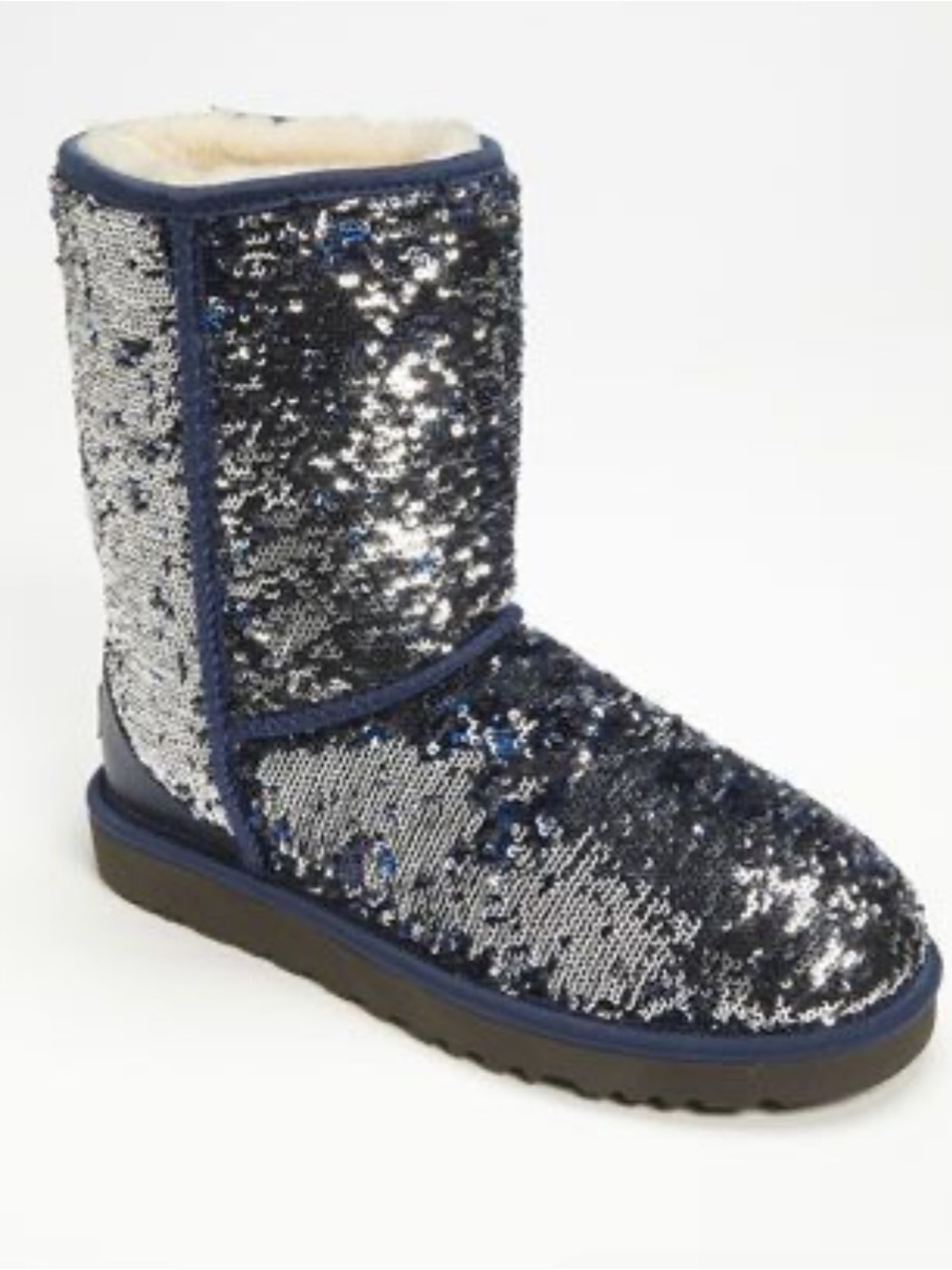 Women Classic Short Sparkles Sequin Ugg Boots Silver and Blue Sz 8 NEW HTF RARE